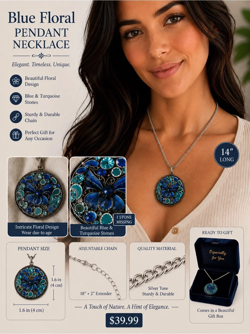 Vintage Blue Floral Pendant Necklace with Turquoise Stones-1stone missing